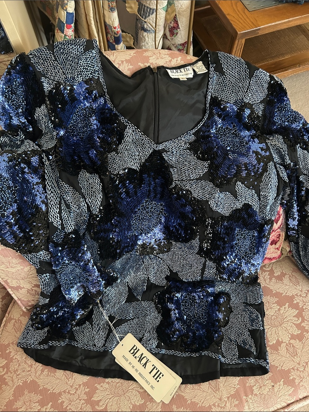Blue & Black Floral Sequin Women's Top